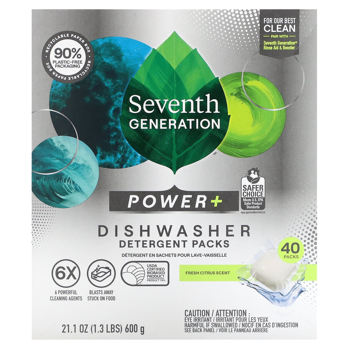 Seventh Generation-Power+ Dishwasher Detergent Packs-Fresh Citrus-40 Packs-21.1 oz (600 g)