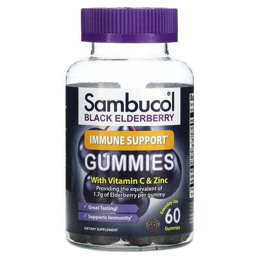 Sambucol-Black Elderberry-Immune Support Gummies with Vitamin C & Zinc-Natural Berry-60 Gummies