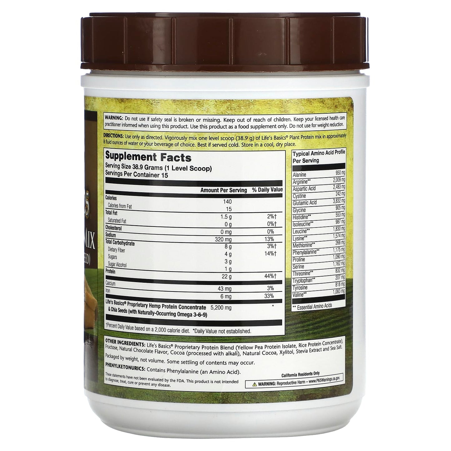 LifeTime Vitamins, Life's Basics, Plant Protein Mix, Natural Chocolate, 1.29 lbs (584 g)