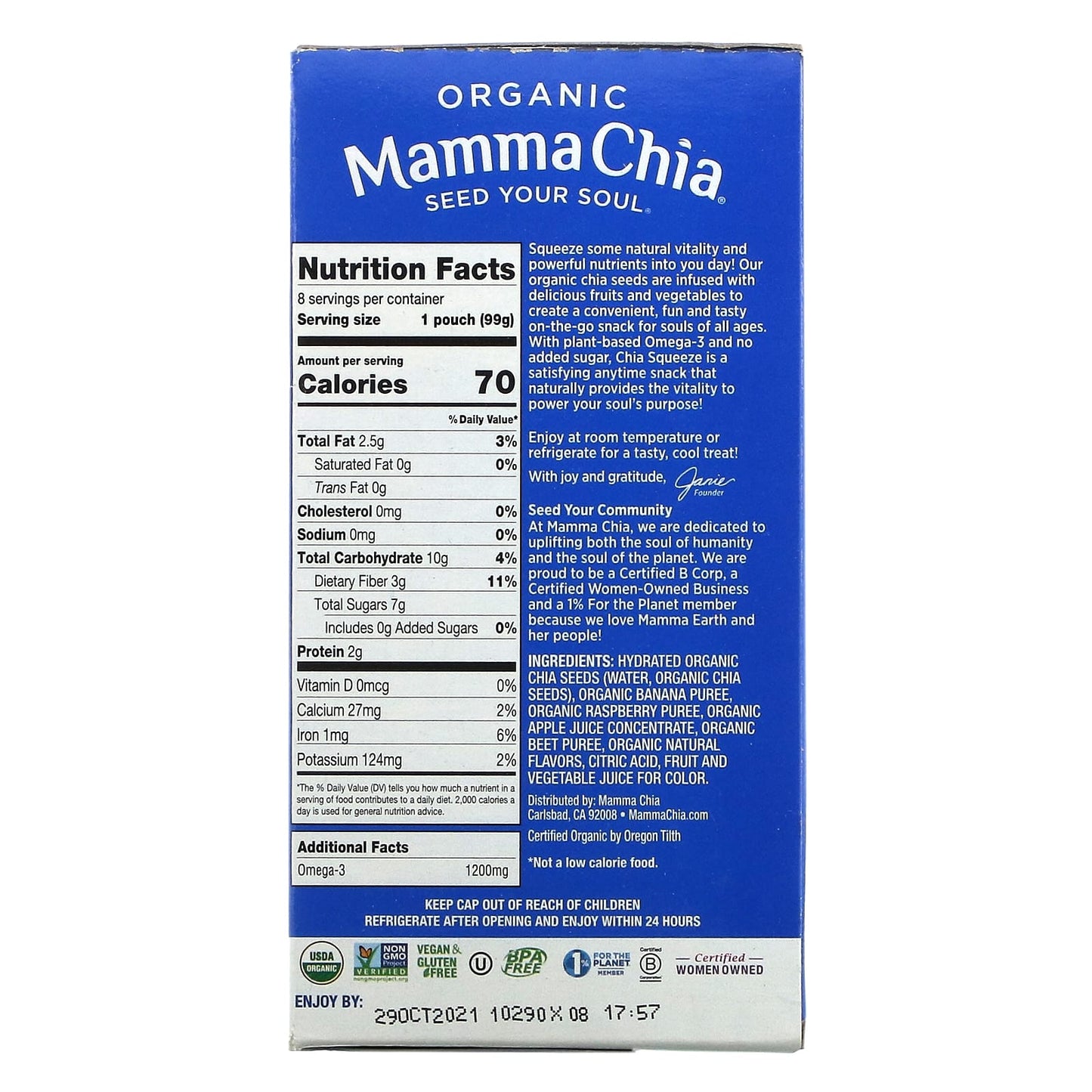 Mamma Chia, Organic Chia Squeeze, Vitality Snack, Wild Raspberry, 8 Squeezes, 3.5 oz  (99 g) Each