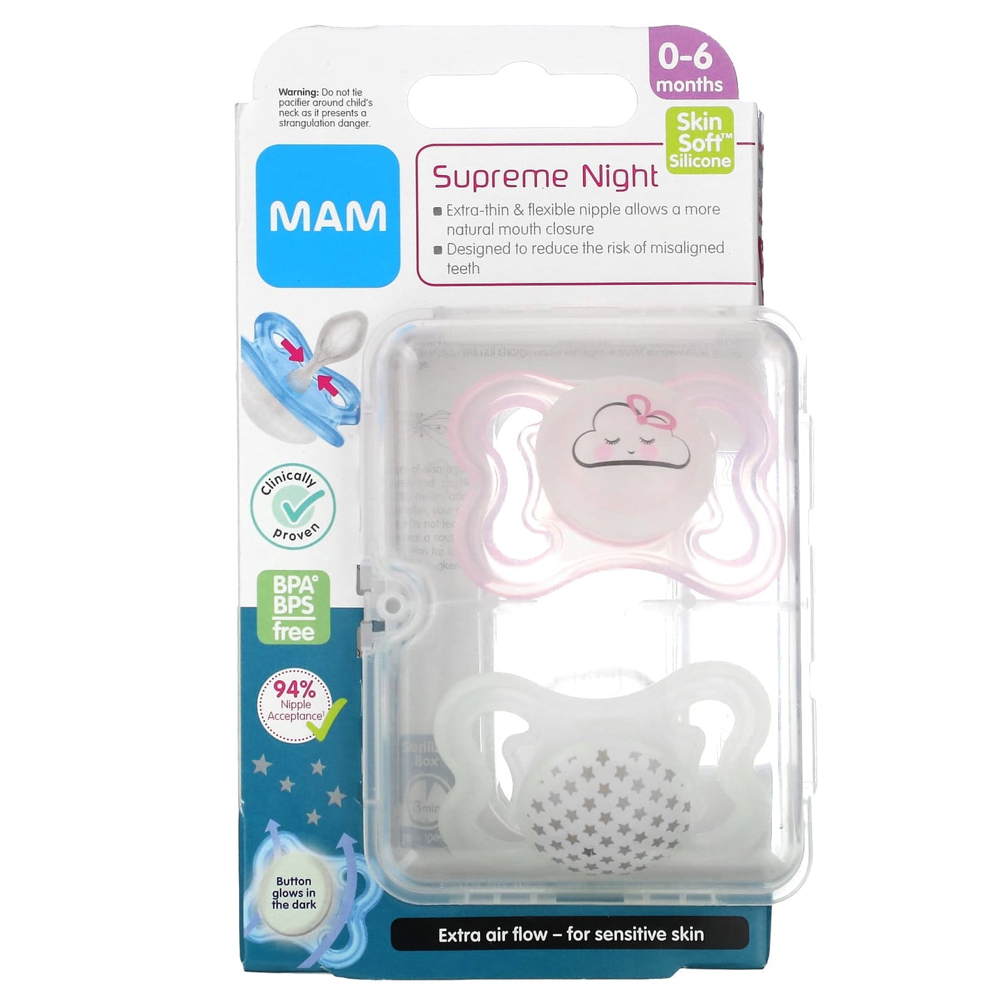 MAM-Supreme Night Pacifier-0-6 Months-Pink/Clear-2 Count