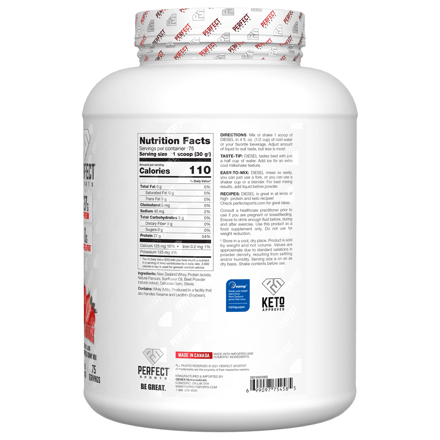 Perfect Sports, Diesel, New Zealand Whey Isolate, Strawberry, 5 lb (2.27 kg)