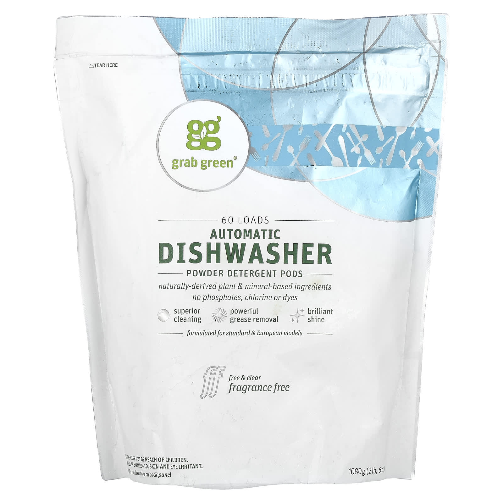 Grab Green-Automatic Dishwashing Detergent Pods-Fragrance Free-60 Loads-2 lbs 6 oz (1080 g)