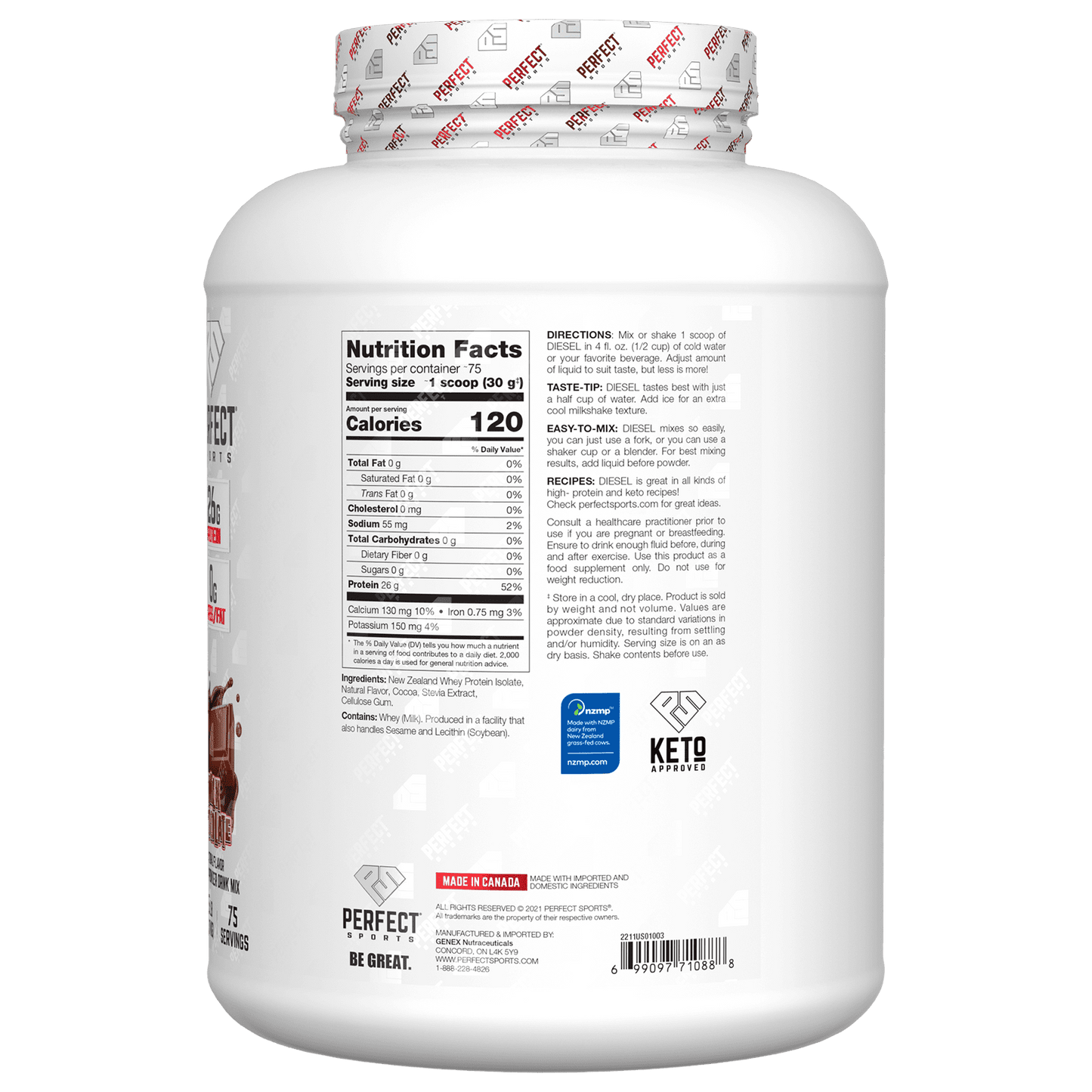 Perfect Sports, Diesel, New Zealand Whey Isolate, Milk Chocolate, 5 lbs (2.27 kg)