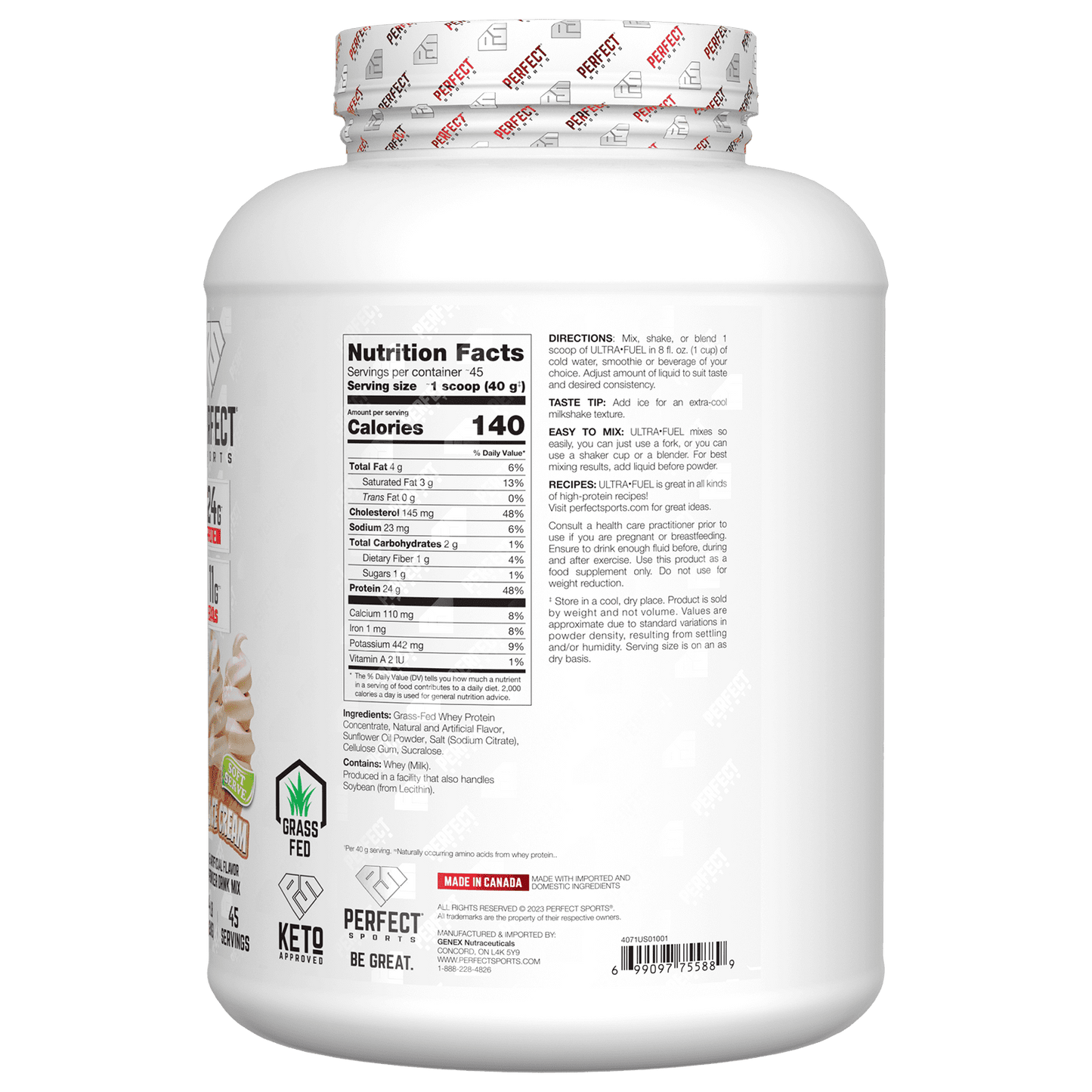 Perfect Sports, Ultra Fuel, Grass-Fed Whey Protein, Vanilla Ice Cream, 4 lb (1.82 kg)