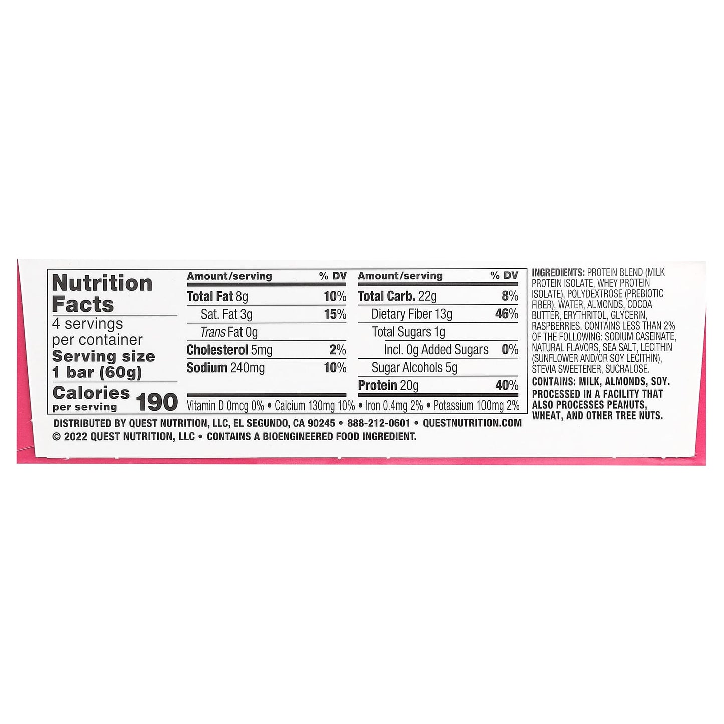 Quest Nutrition, Protein Bar, White Chocolate Raspberry, 4 Bars, 2.12 oz (60 g) Each