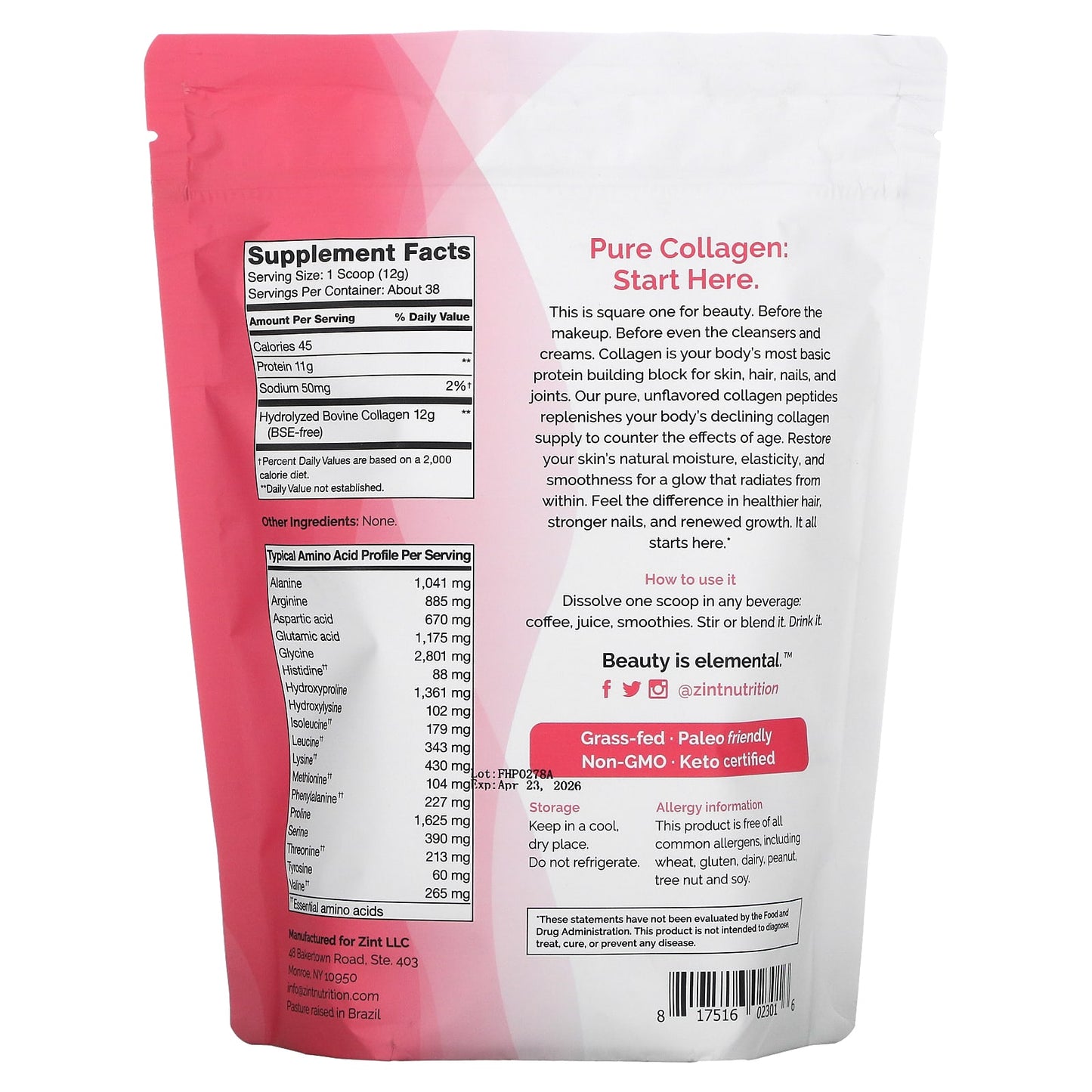 Zint, Pure Grass-Fed Collagen Peptides, Unflavored, 16 oz (454 g)