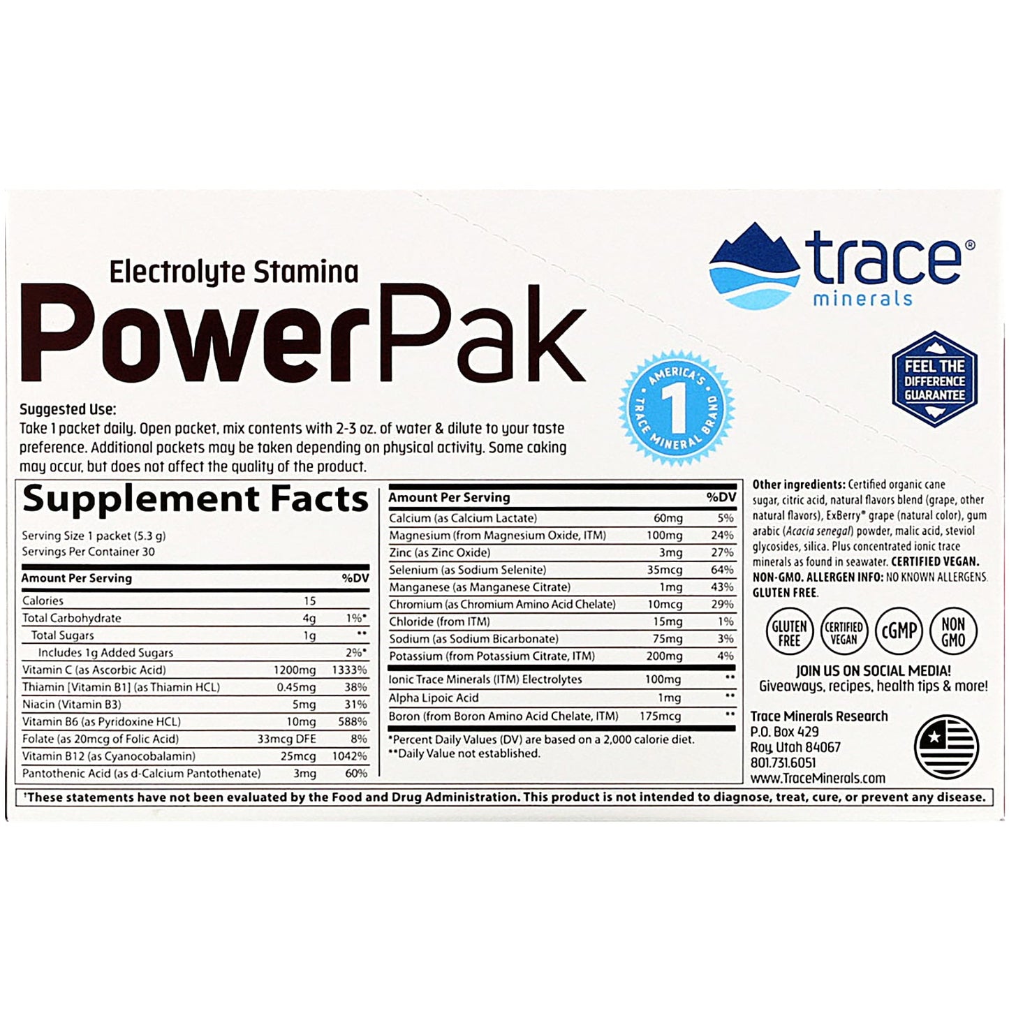 Trace Minerals ®, Electrolyte Stamina PowerPak, Concord Grape, 30 Packets. 0.19 oz (5.3 g) Each