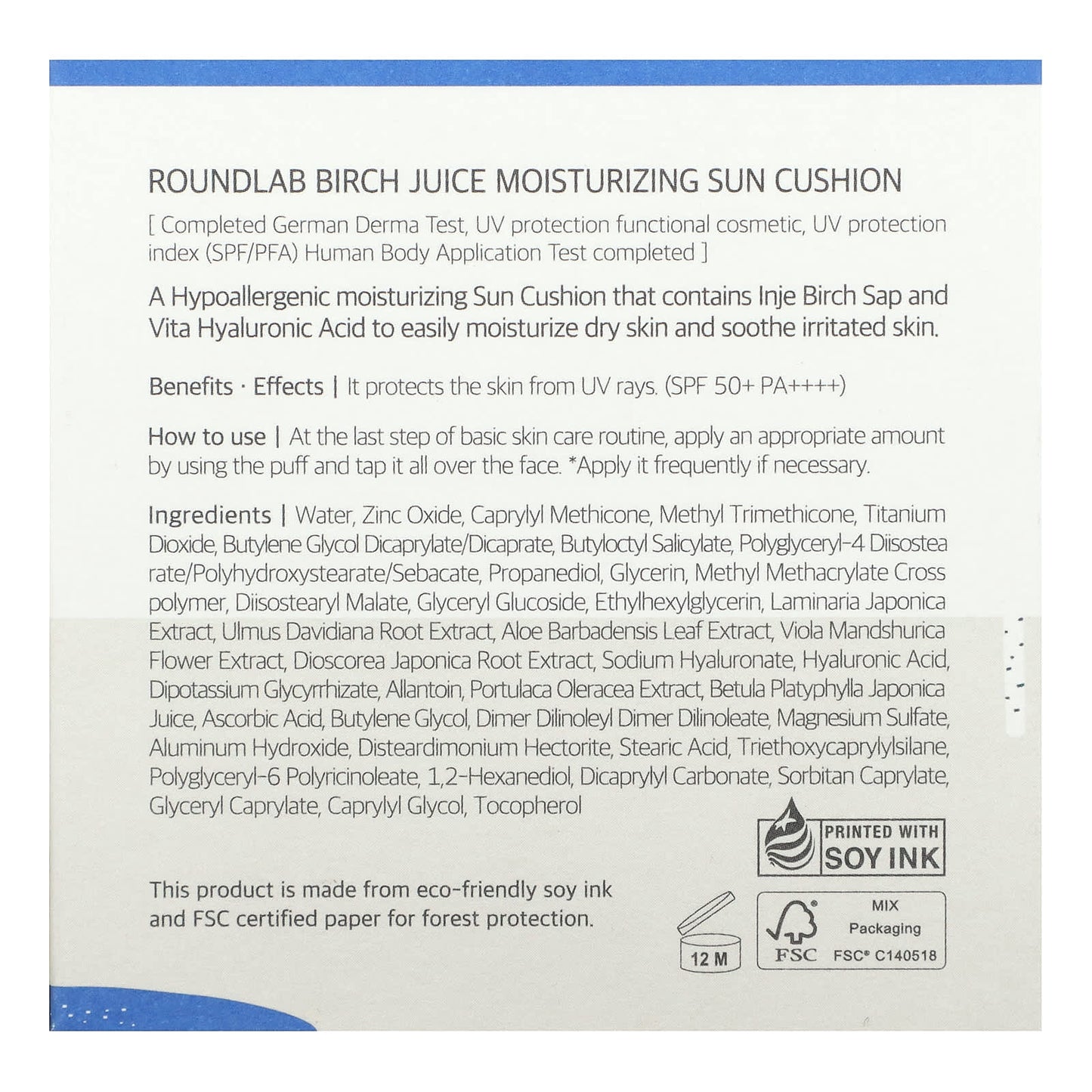 Round Lab, Birch Juice Moisturizing Sun Cushion, SPF 50+, PA++++, 1 Cushion