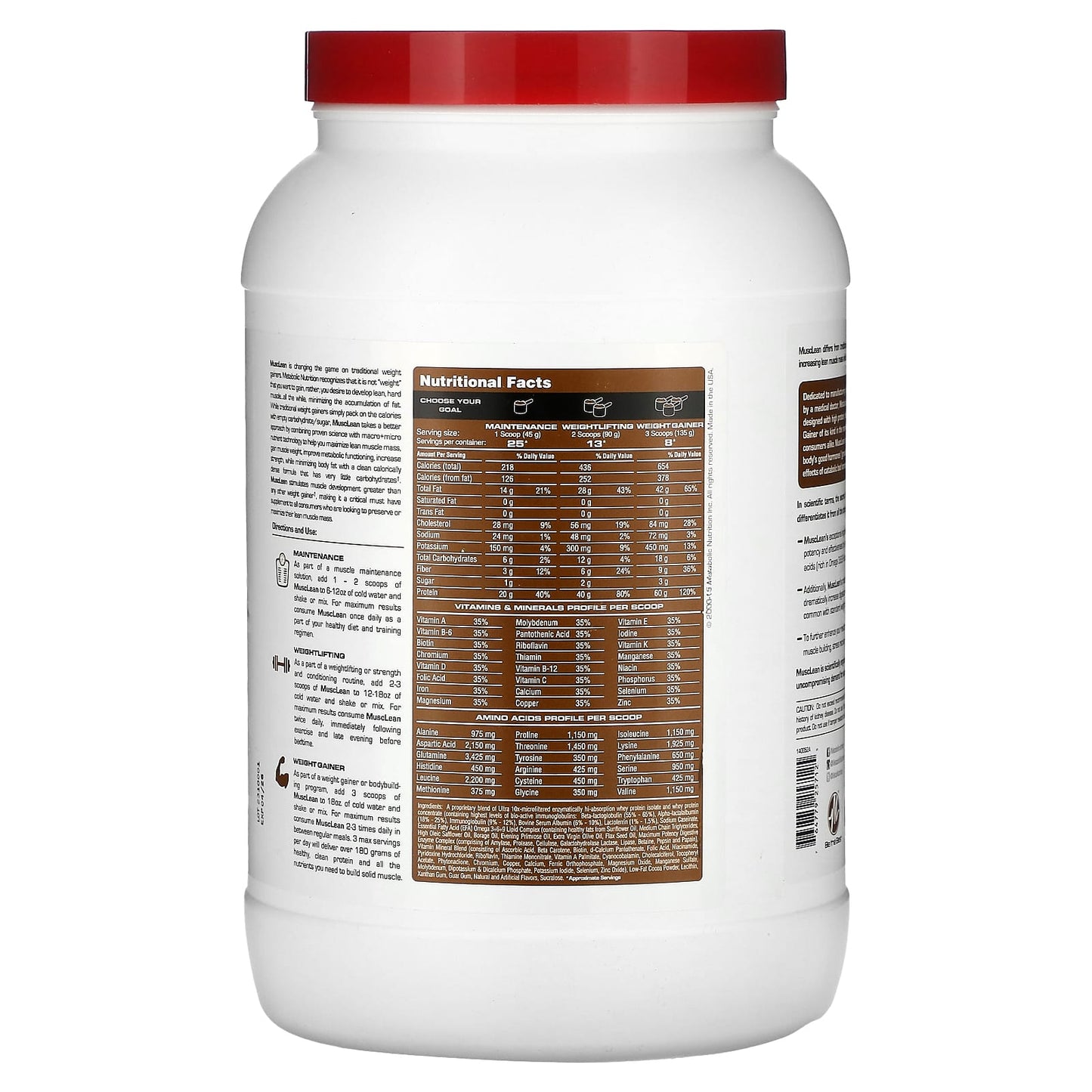 Metabolic Nutrition, MuscLean, Lean Muscle Weight Gainer, Chocolate Milkshake, 2.5 lb