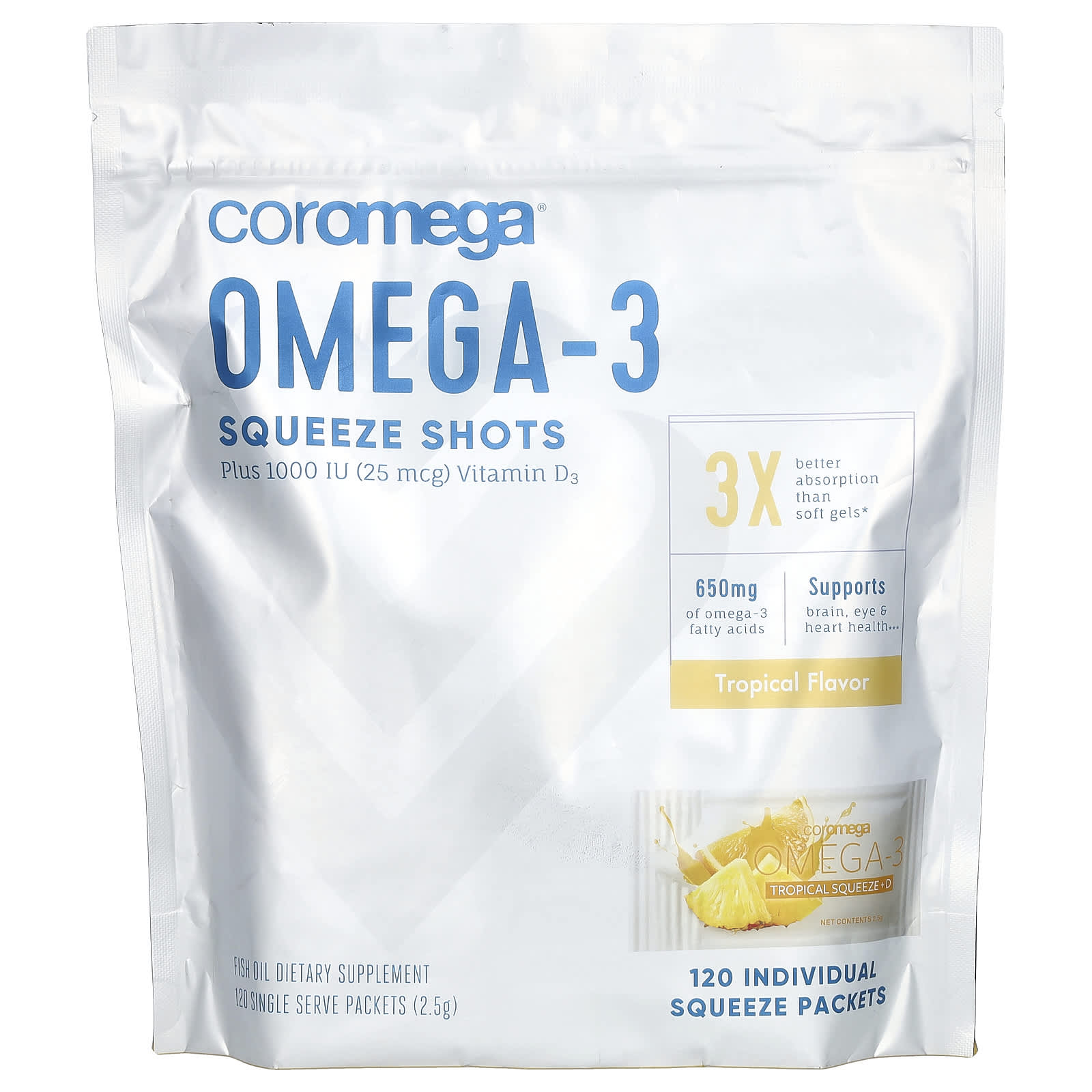 Coromega-Omega-3 Squeeze Shots Plus Vitamin D3-Tropical-120 Individual Squeeze Packets-2.5 g Each