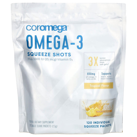 Coromega-Omega-3 Squeeze Shots Plus Vitamin D3-Tropical-120 Individual Squeeze Packets-2.5 g Each