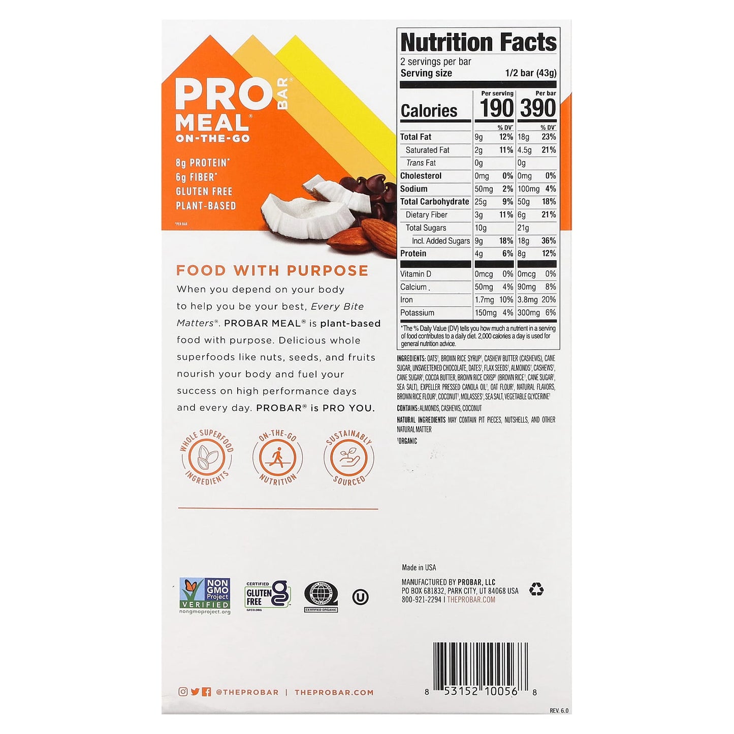 ProBar, Meal On-The-Go Bar, Chocolate Coconut, 12 Bars, 3 oz (85 g) Each