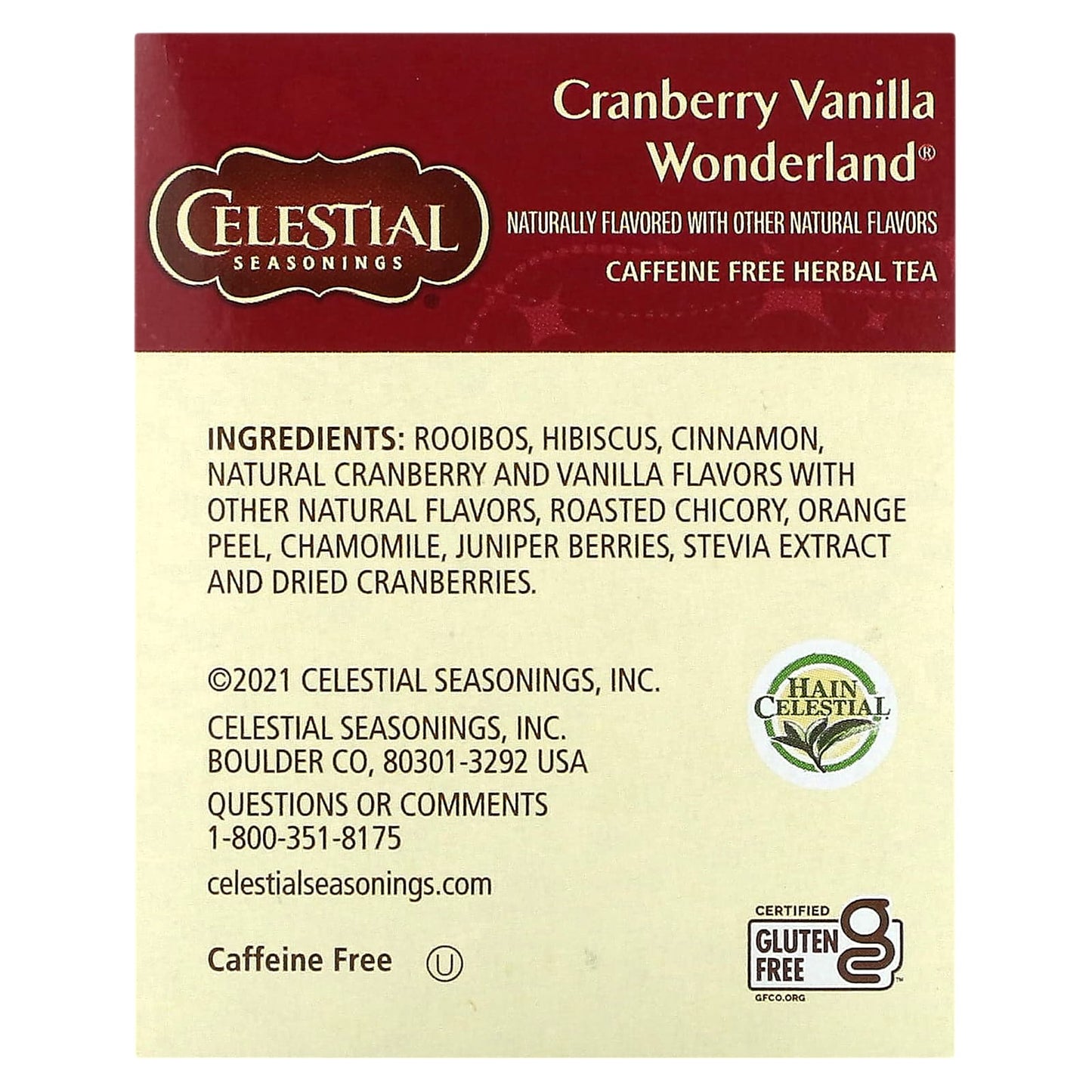 Celestial Seasonings, Holiday Herbal Tea, Cranberry Vanilla Wonderland, Caffeine Free, 18 Tea Bags, 1.3 oz (38 g)