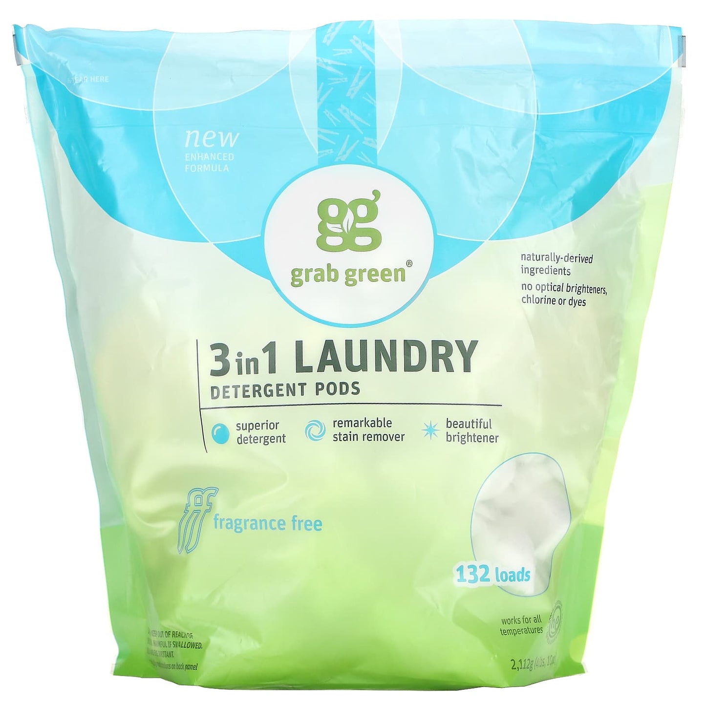 Grab Green-3-in-1 Laundry Detergent Pods-Fragrance Free-132 Loads-4 lbs 10 oz (2112 g)