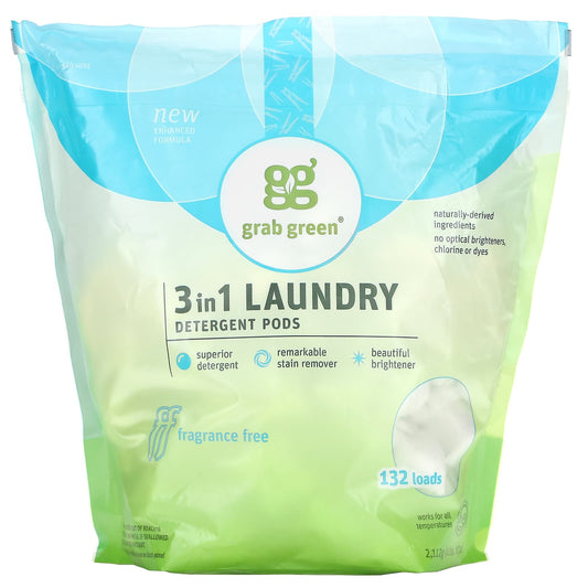 Grab Green-3-in-1 Laundry Detergent Pods-Fragrance Free-132 Loads-4 lbs 10 oz (2112 g)