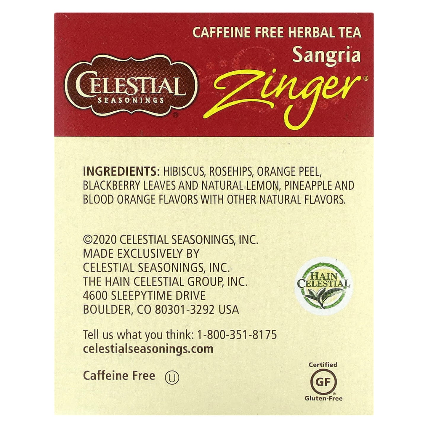 Celestial Seasonings, Herbal Tea, Sangria Zinger, Caffeine Free, 20 Tea Bags 1.5 oz (42 g)