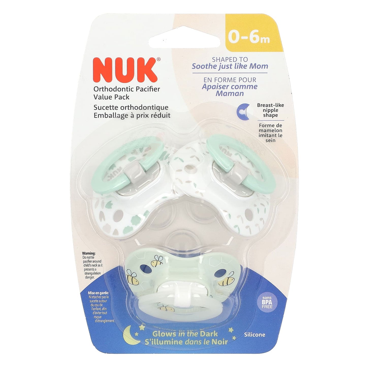 NUK-Glow in the Dark Orthodontic Pacifier-0-6 Months-Green-3 Pack