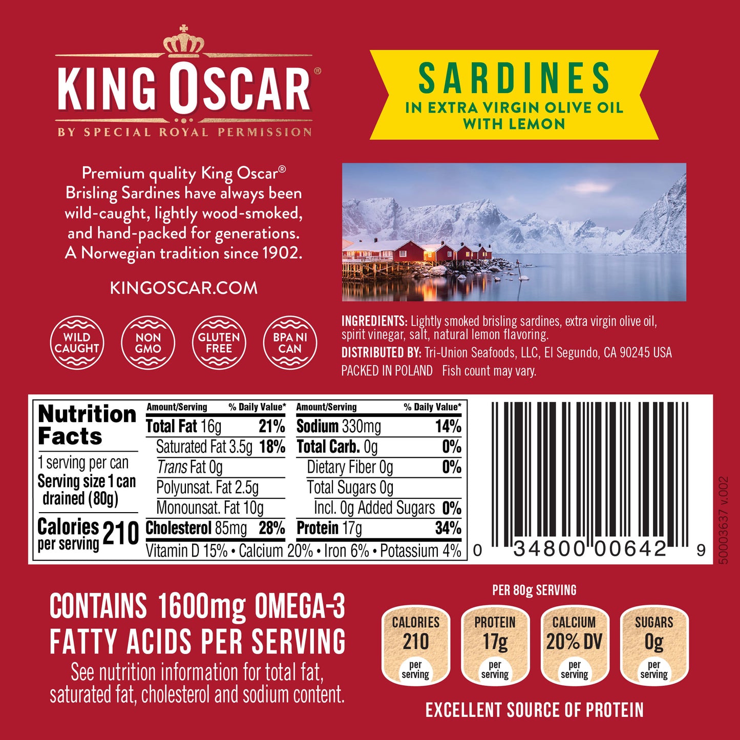 King Oscar, Wild Caught, Sardines In Extra Virgin Olive Oil, With Lemon, 3.75 oz (106 g)