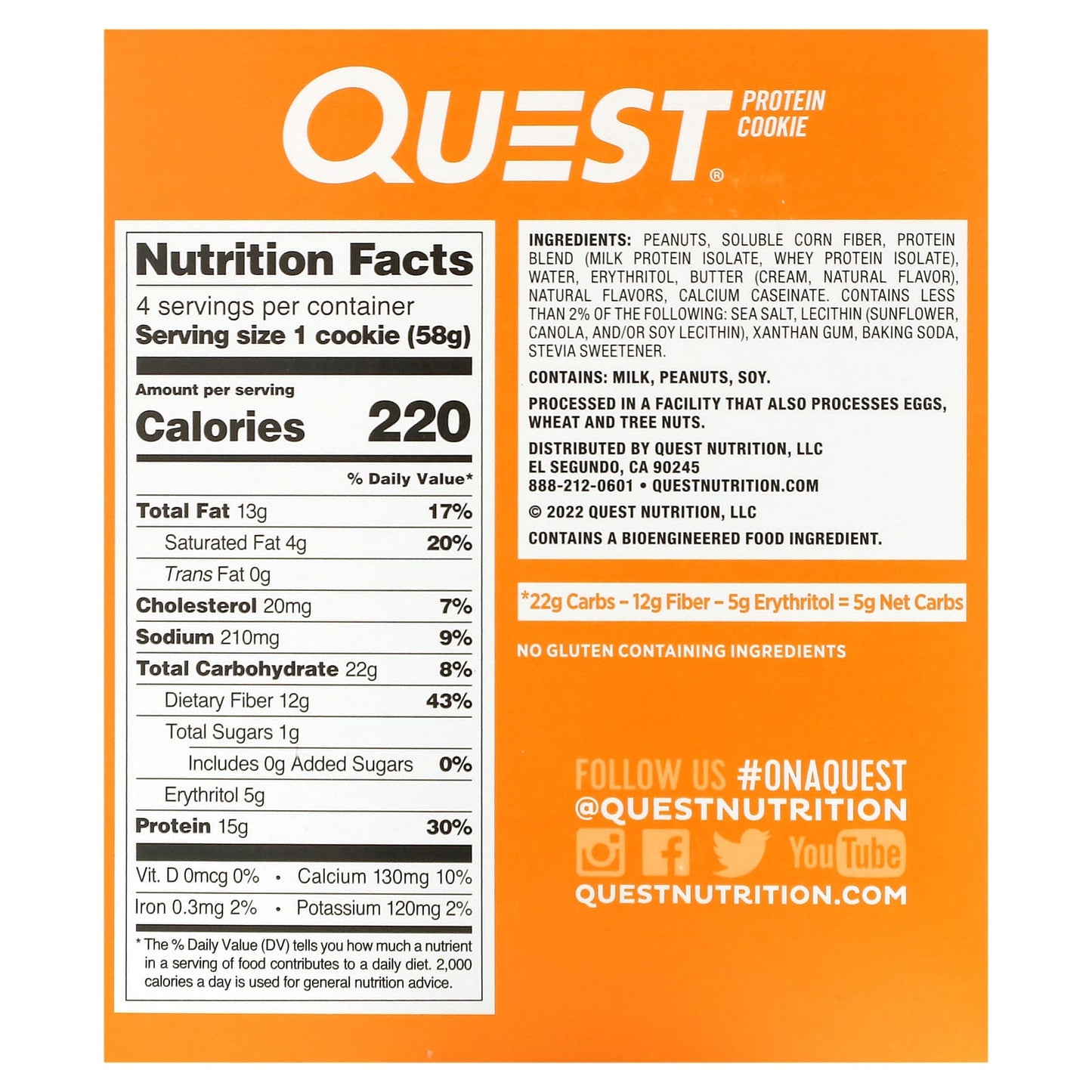 Quest Nutrition, Protein Cookie, Peanut Butter, 4 Pack, 2.04 oz (58 g) Each