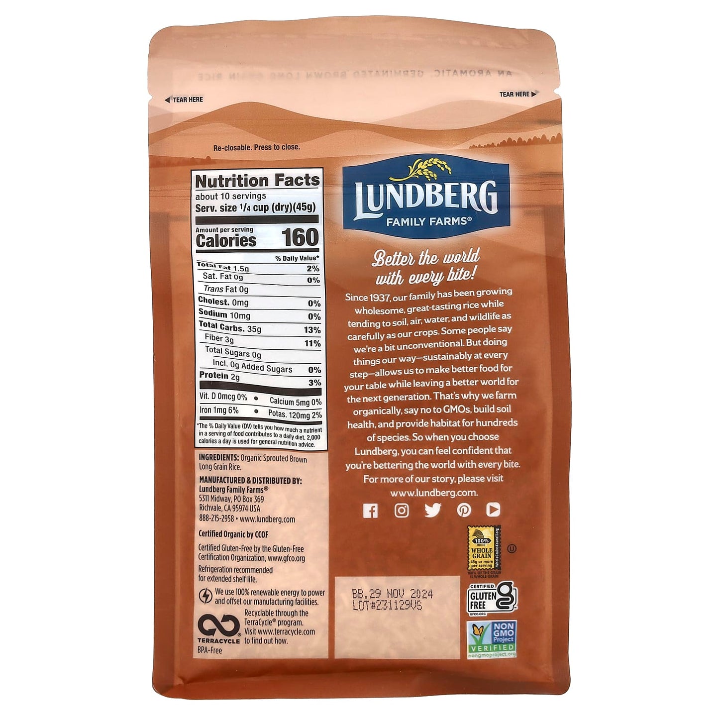 Lundberg, Organic Sprouted Brown Basmati Gourmet Rice, 1 lb (454 g)