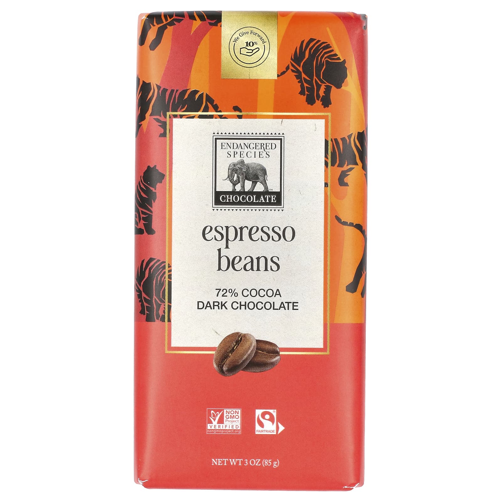 Endangered Species Chocolate-Espresso Beans + Dark Chocolate-72% Cocoa-3 oz (85 g)