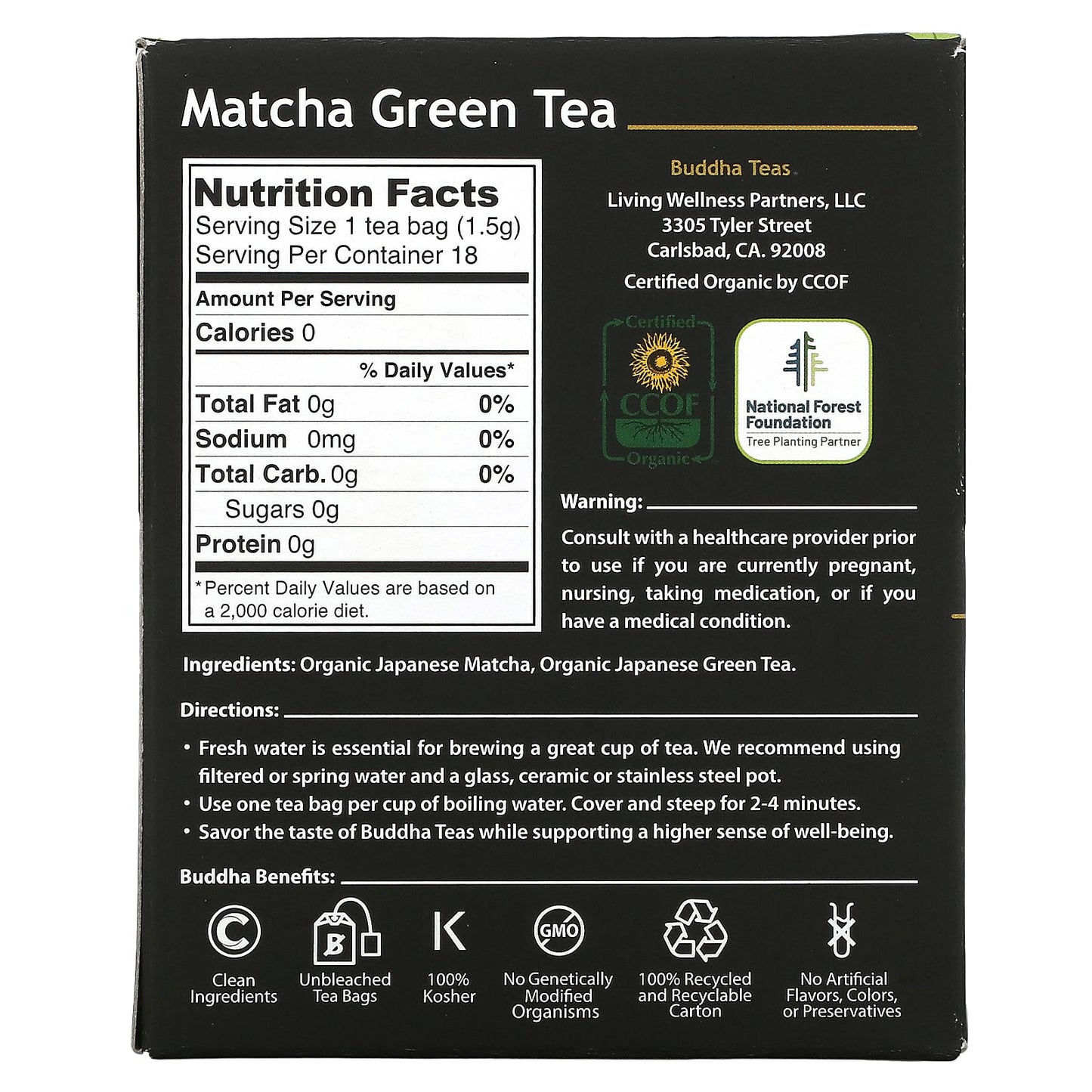 Buddha Teas, Organic Herbal Tea, Matcha Green, 18 Tea Bags, 0.95 oz (27 g)