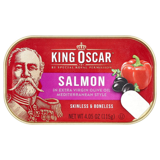 King Oscar-Skinless & Boneless Salmon in Extra Virgin Olive Oil-Mediterranean Style-4.05 oz (115 g)