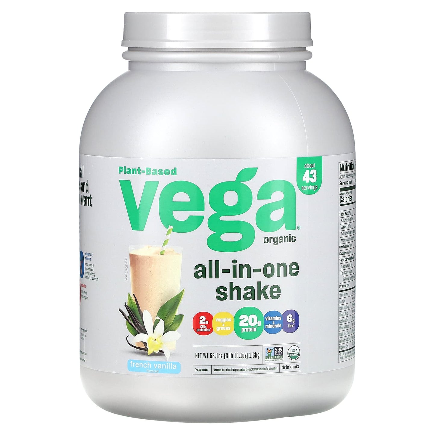 Vega-Plant-Based-Organic All-In-One Shake-French Vanilla-3 lb 10.1 oz (1.6 kg)