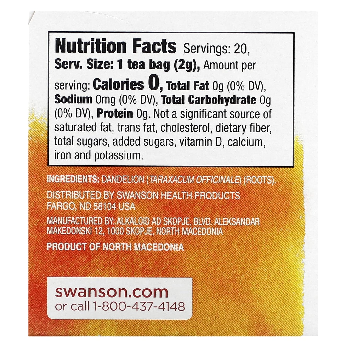 Swanson, Dandelion Root Tea, Caffeine Free, 20 Tea Bags, 1.4 oz (40 g)