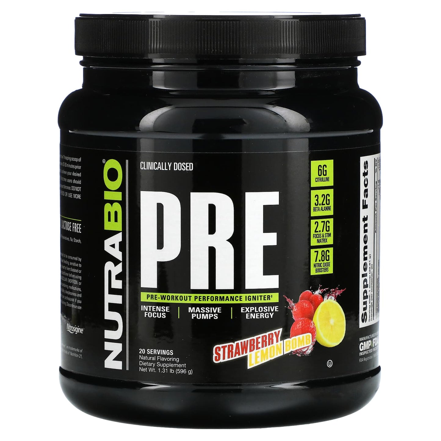 NutraBio-Pre-Workout Performance Igniter-Strawberry Lemon Bomb- 1.31 lb (596 g)