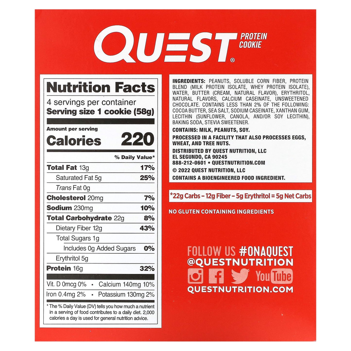 Quest Nutrition, Protein Cookie, Peanut Butter Chocolate Chip, 4 Pack, 2.04 oz (58 g) Each