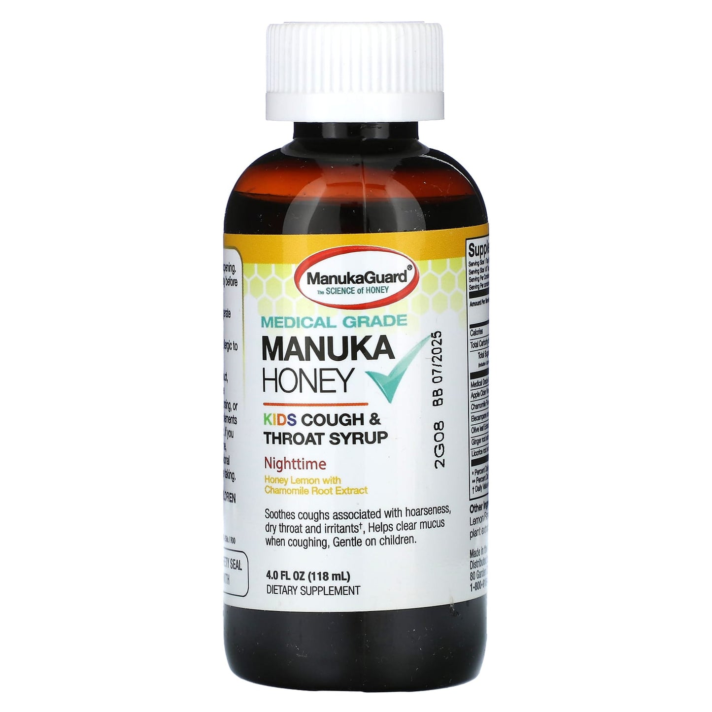 ManukaGuard, Manuka Honey, Kids Cough & Throat Syrup, Nighttime, Honey Lemon, 4 fl oz (118 ml)