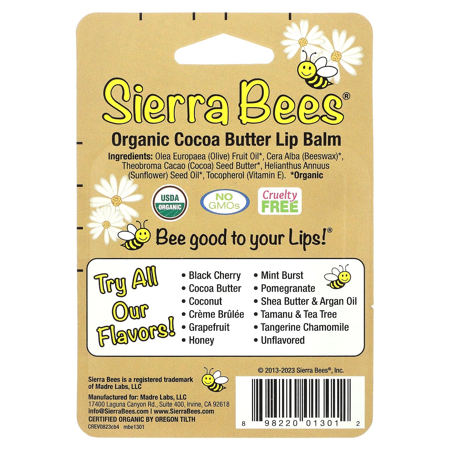 Sierra Bees, Organic Lip Balms, Cocoa Butter, 4 Pack, 0.15 oz (4.25 g) Each