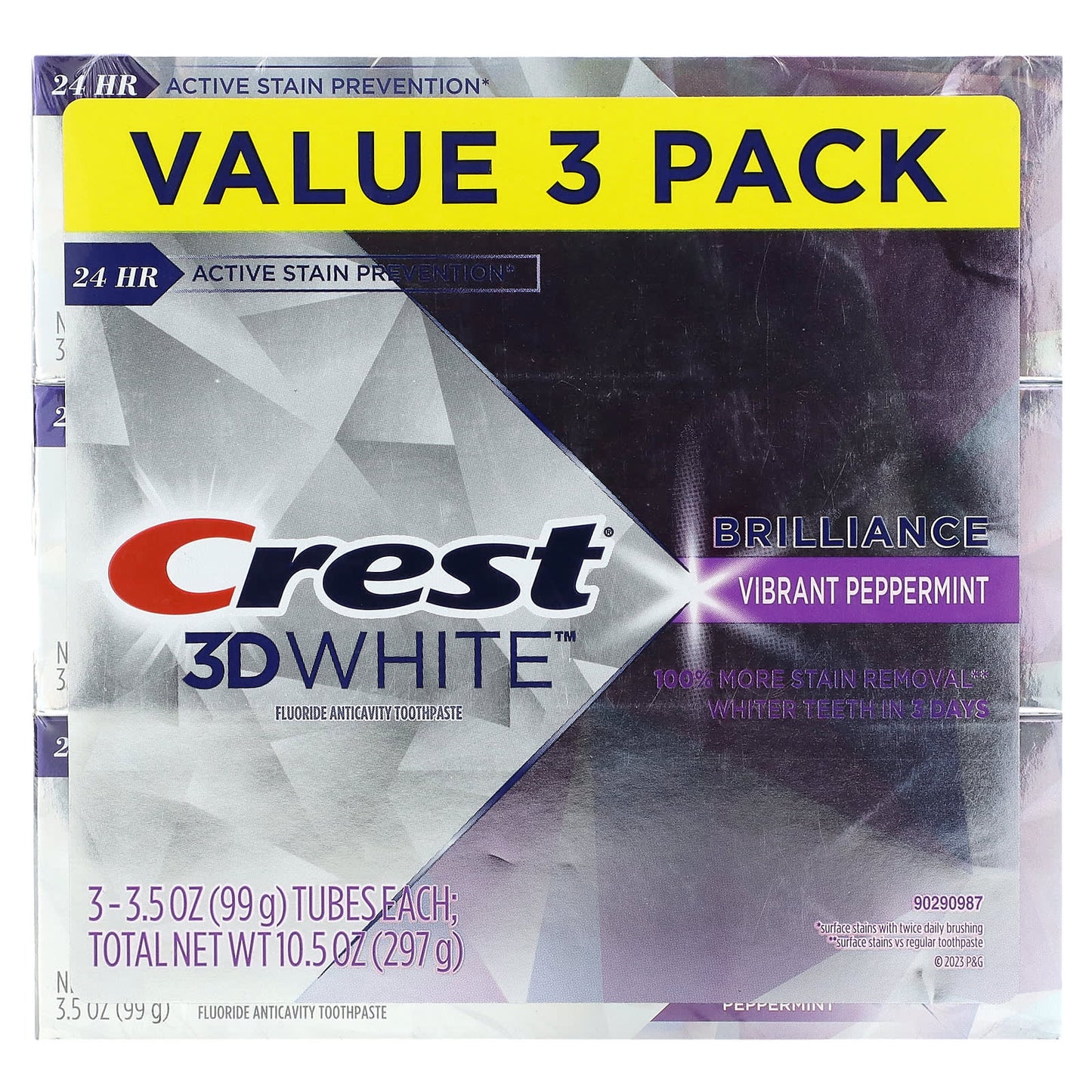 Crest, 3D White, Brilliance, Fluoride Anticavity Toothpaste, Vibrant Peppermint, 3 Pack, 3.5 oz (99 g) Each