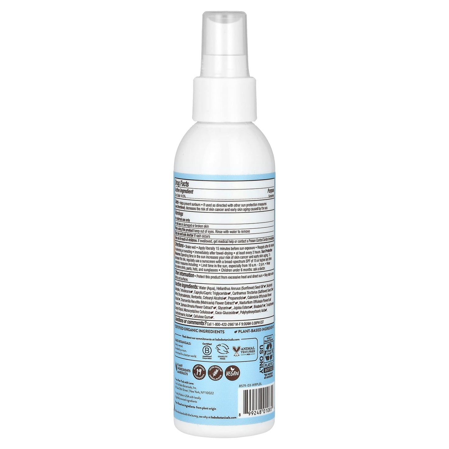 Babo Botanicals, Sensitive Baby, Mineral Sunscreen Spray, SPF 30, Fragrance Free, 6 fl oz (177 ml)