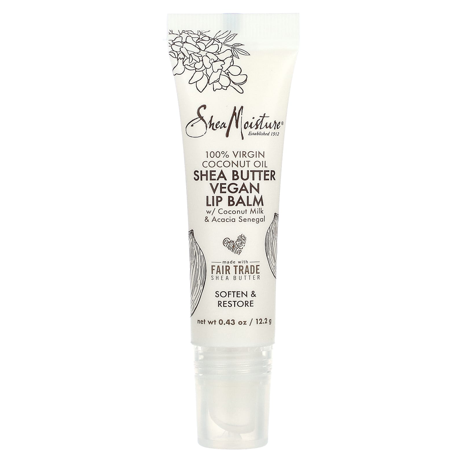 SheaMoisture-Shea Butter Vegan Lip Balm with Coconut Milk & Acacia Senegal-100% Virgin Coconut Oil-0.43 oz (12.2 g)