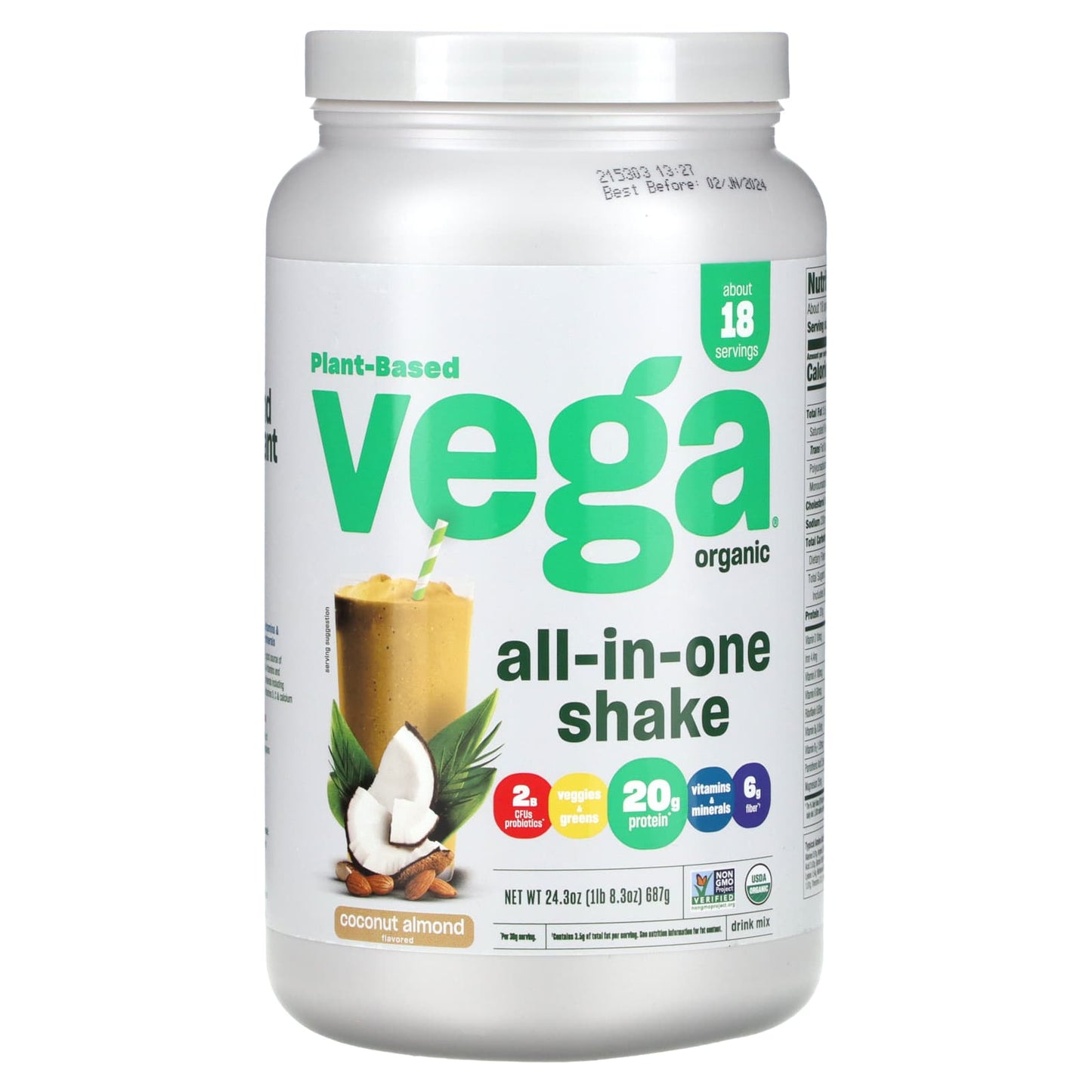 Vega-Plant-Based Organic All-In-One Shake-Coconut Almond-24.3 oz (687 g)