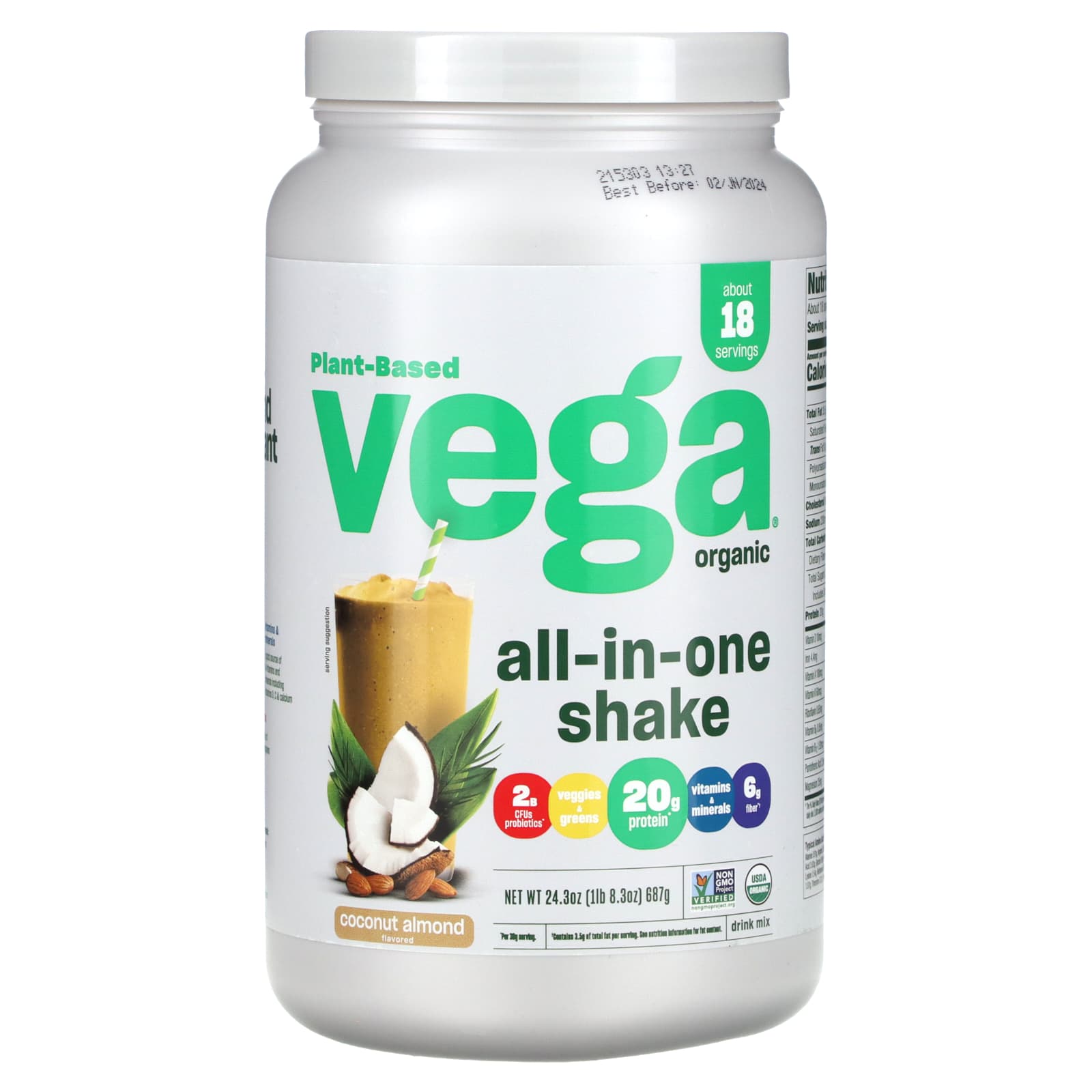 Vega-Plant-Based Organic All-In-One Shake-Coconut Almond-24.3 oz (687 g)