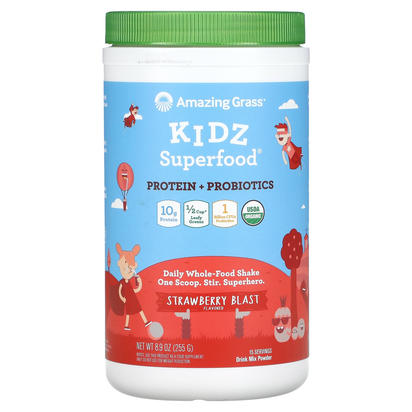 Amazing Grass-Kidz Superfood-Protein + Probiotics-Strawberry Blast-8.9 oz (255 g)