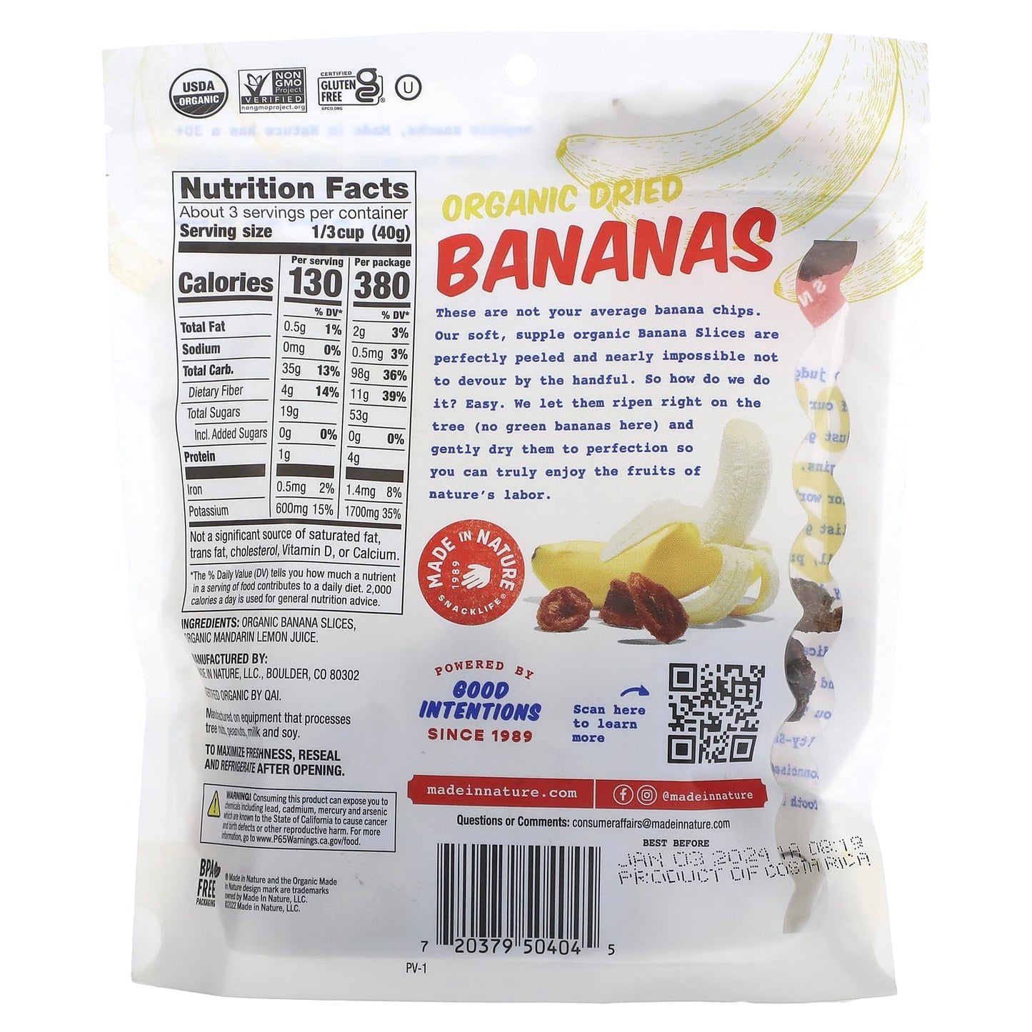 Made in Nature, Organic Dried Banana, Tree-Ripened & Unsulfured, 4 oz (113 g)