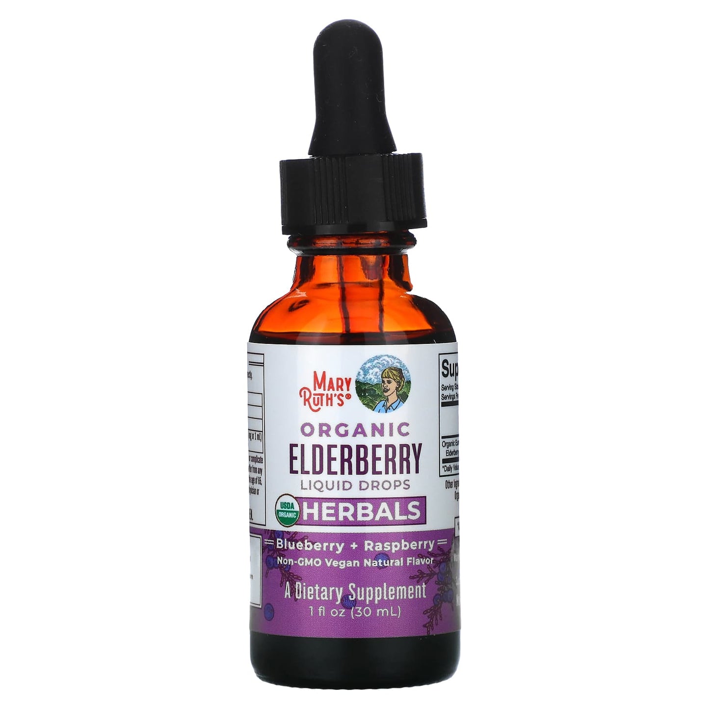 MaryRuth's, Organic Elderberry Liquid Drops, Herbals, Blueberry + Raspberry, 1 fl oz (30 ml)