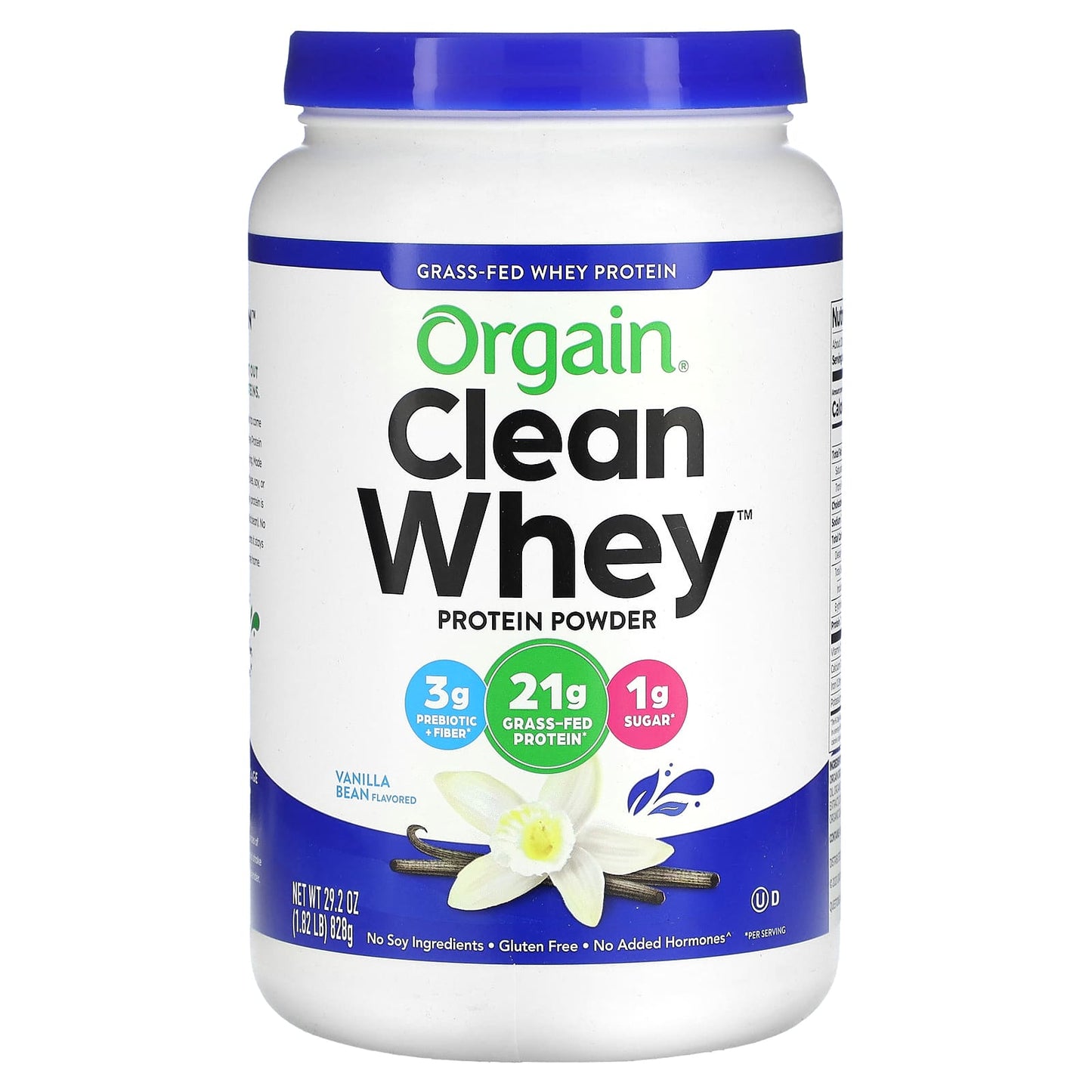 Orgain-Grass-Fed Whey Protein-Clean Whey Protein Powder-Vanilla Bean-1.82 lbs (828 g)