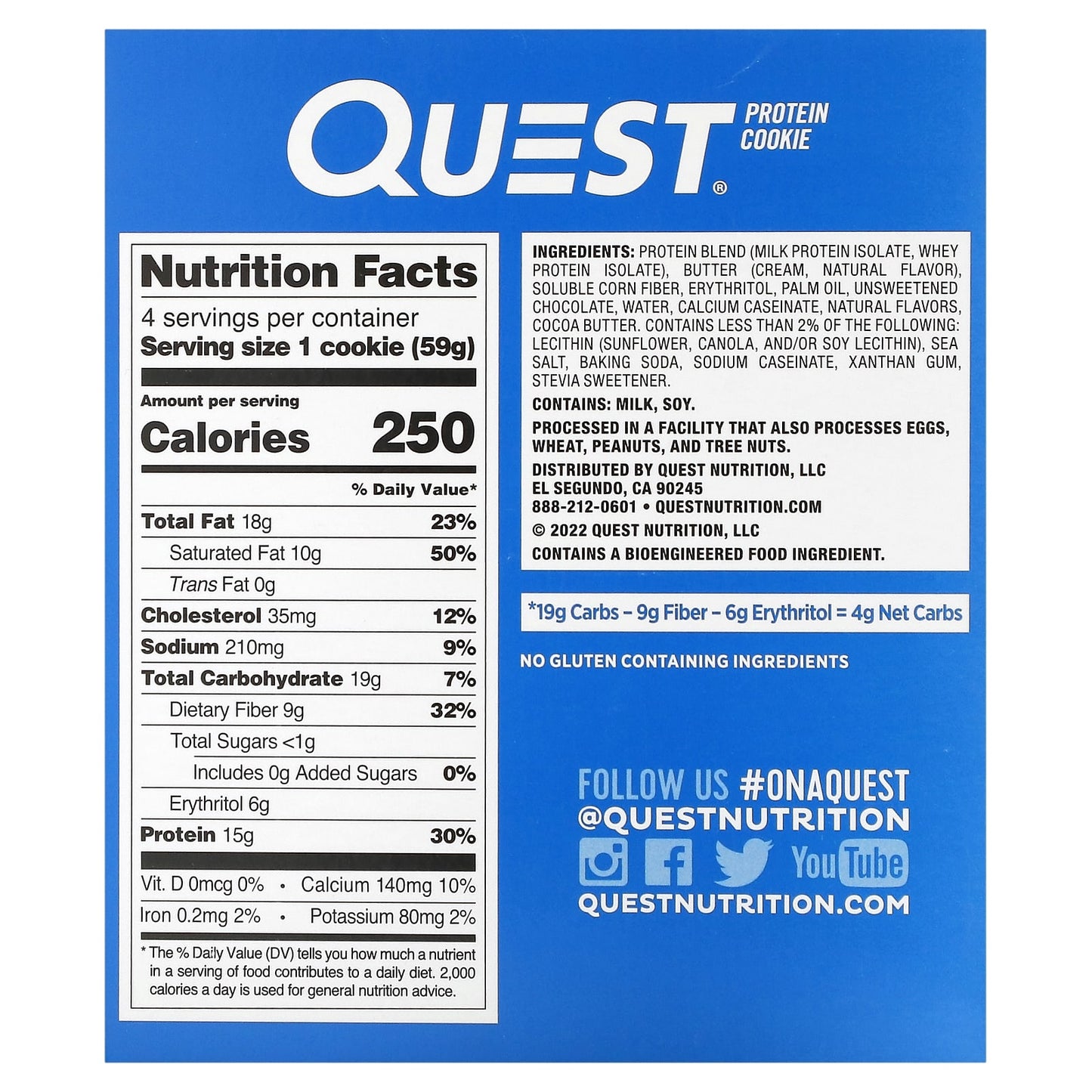 Quest Nutrition, Protein Cookie, Chocolate Chip, 4 Pack, 2.08 oz (59 g) Each