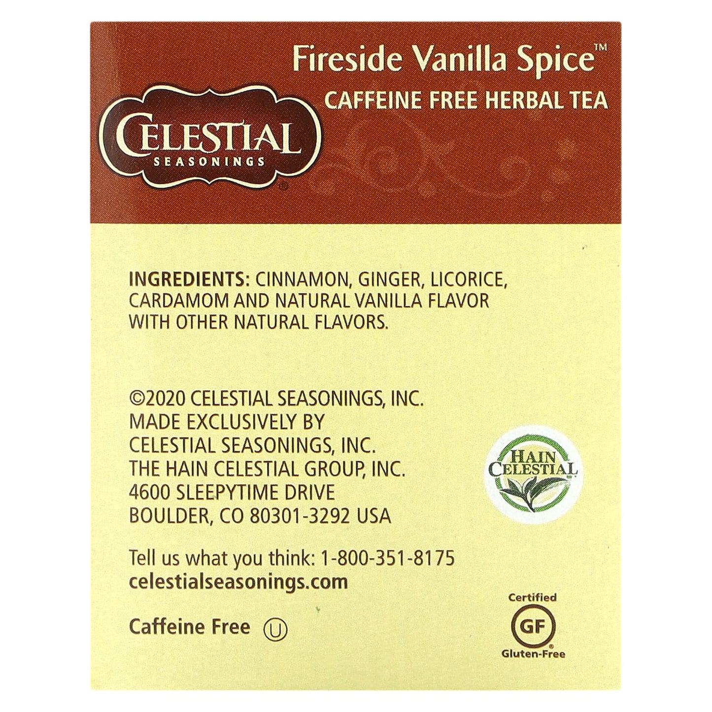 Celestial Seasonings, Herbal Tea, Fireside Vanilla Spice, Caffeine Free, 20 Tea Bags 1.5 oz (43 g)