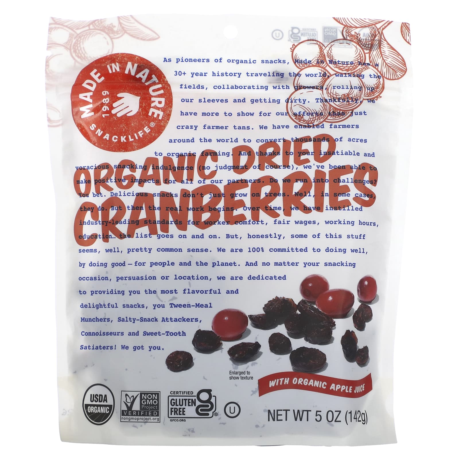 Made in Nature-Organic Dried Cranberries-With Organic Apple Juice-5 oz (142 g)