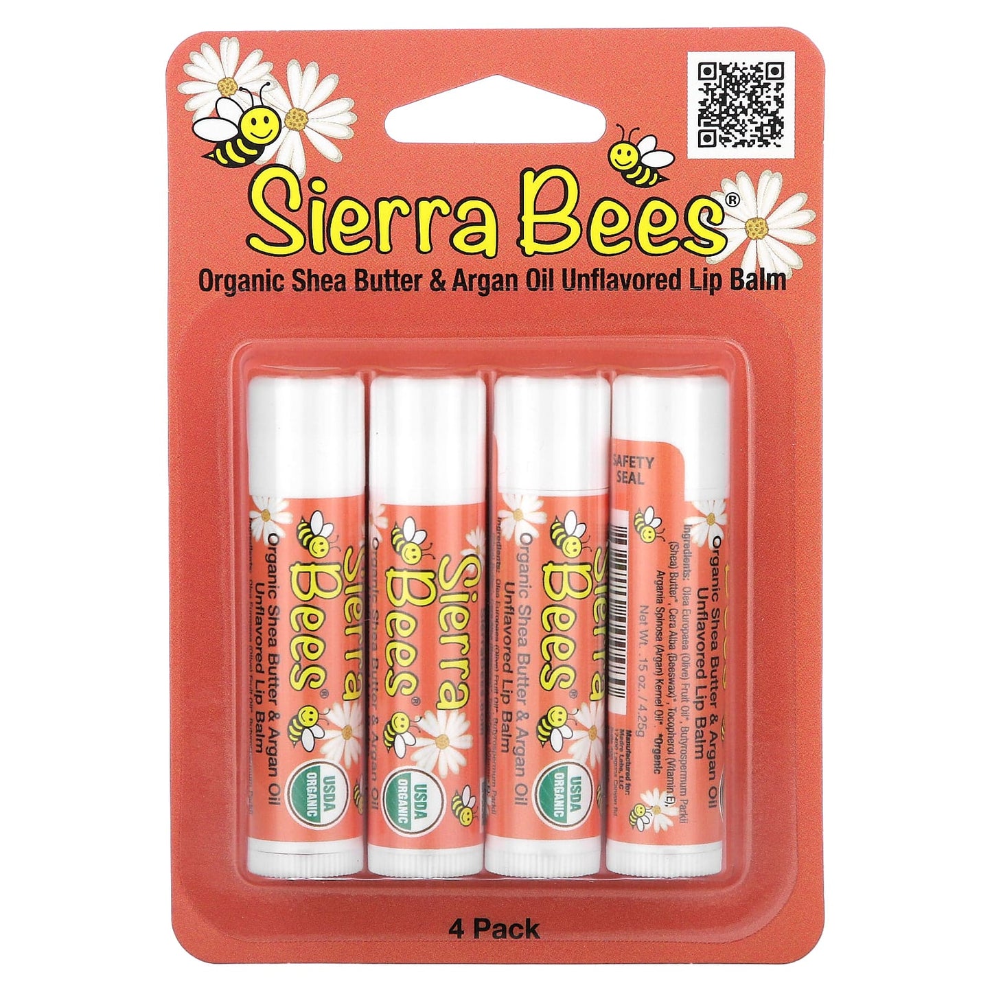 Sierra Bees, Organic Lip Balms, Shea Butter & Argan Oil, 4 Pack, 0.15 oz (4.25 g) Each