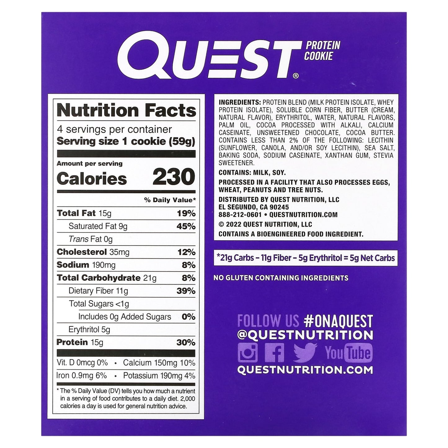 Quest Nutrition, Protein Cookie, Double Chocolate Chip, 4 Pack, 2.08 oz (59 g) Each