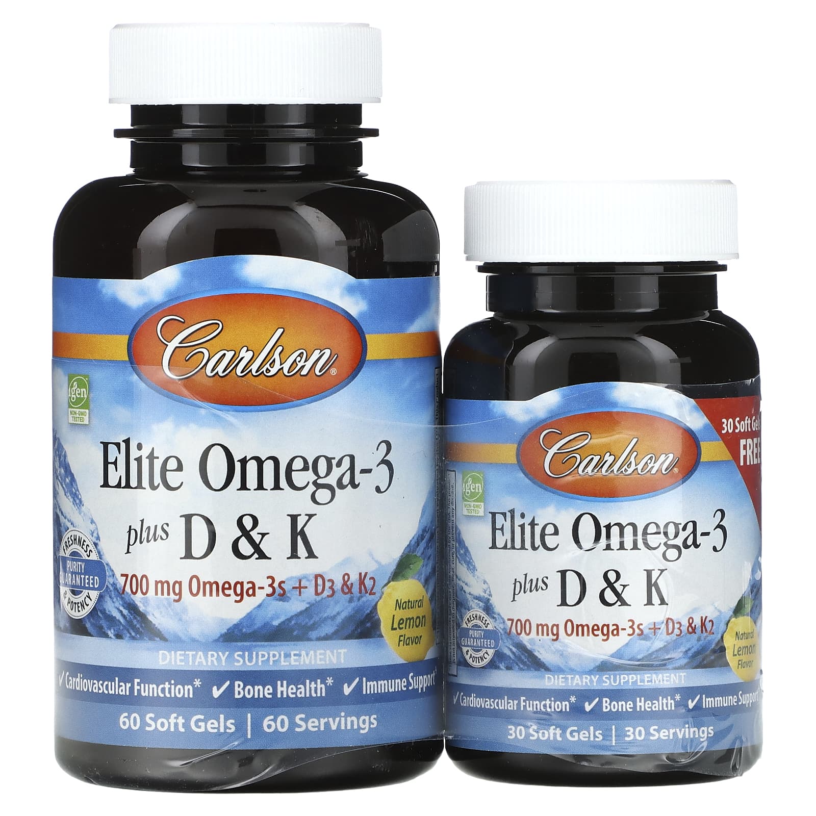 Carlson-Elite Omega-3 Plus D & K-Natural Lemon Flavor-60 + 30 Free Soft Gels