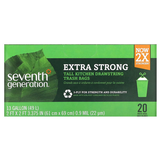 Seventh Generation-Tall Kitchen Drawstring Trash Bags- Extra Strong-White-20 Bags-13 Gal (49 L) Each